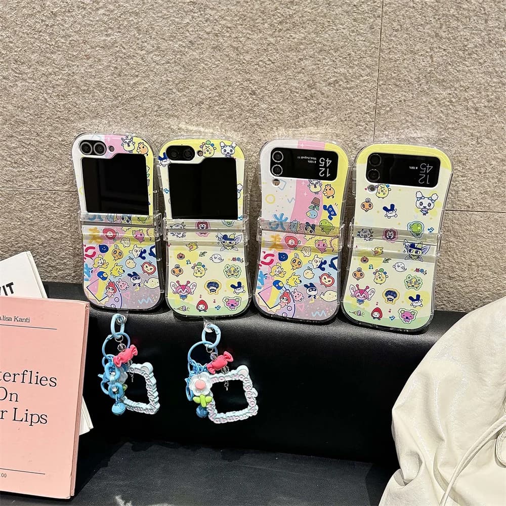 Custodia per telefono con cerniera Cartoon Kawaii per Samsung Galaxy Z Flip 7 6 5 4 3 Flip6 Flip7 Flip5 Cover Custodie carine con portachiavi a catena Funda
