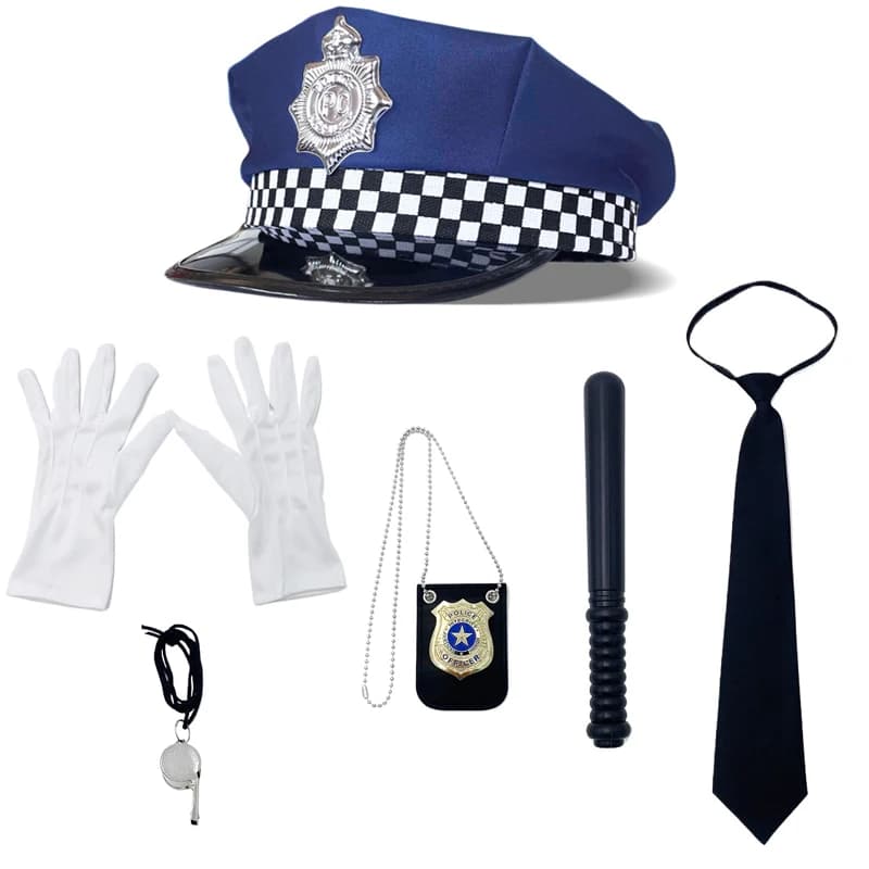 Set da 6 pezzi per gioco di ruolo della polizia, cappello da poliziotto, bastone in plastica, walkie-talkie, cravatta, guanti, set di fischietti, accessori per cosplay.
