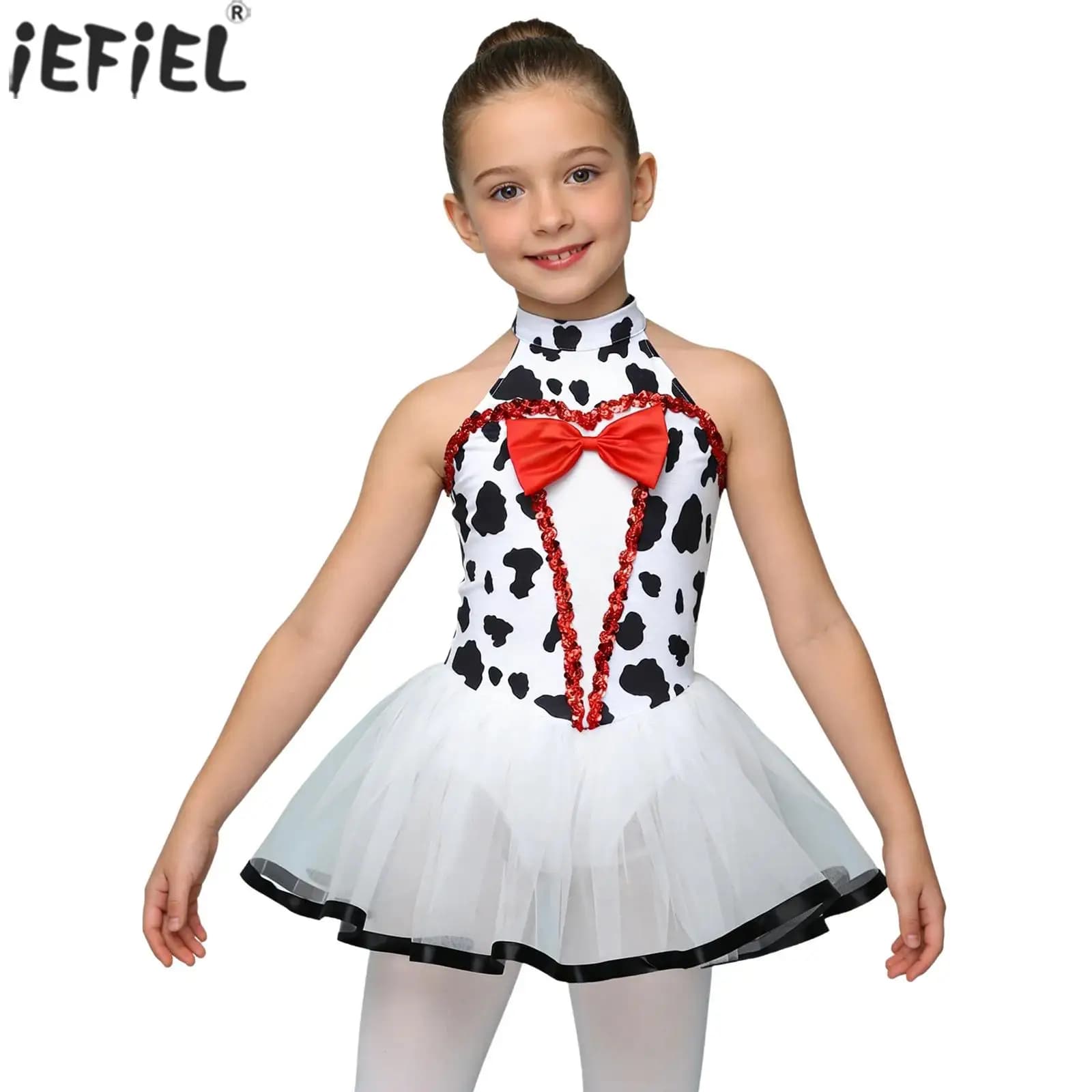 Costume da Cane Dalmata per Bambine, Abito Senza Maniche con Paillettes e Fiocco in Tulle, per Danza, Pattinaggio e Ginnastica