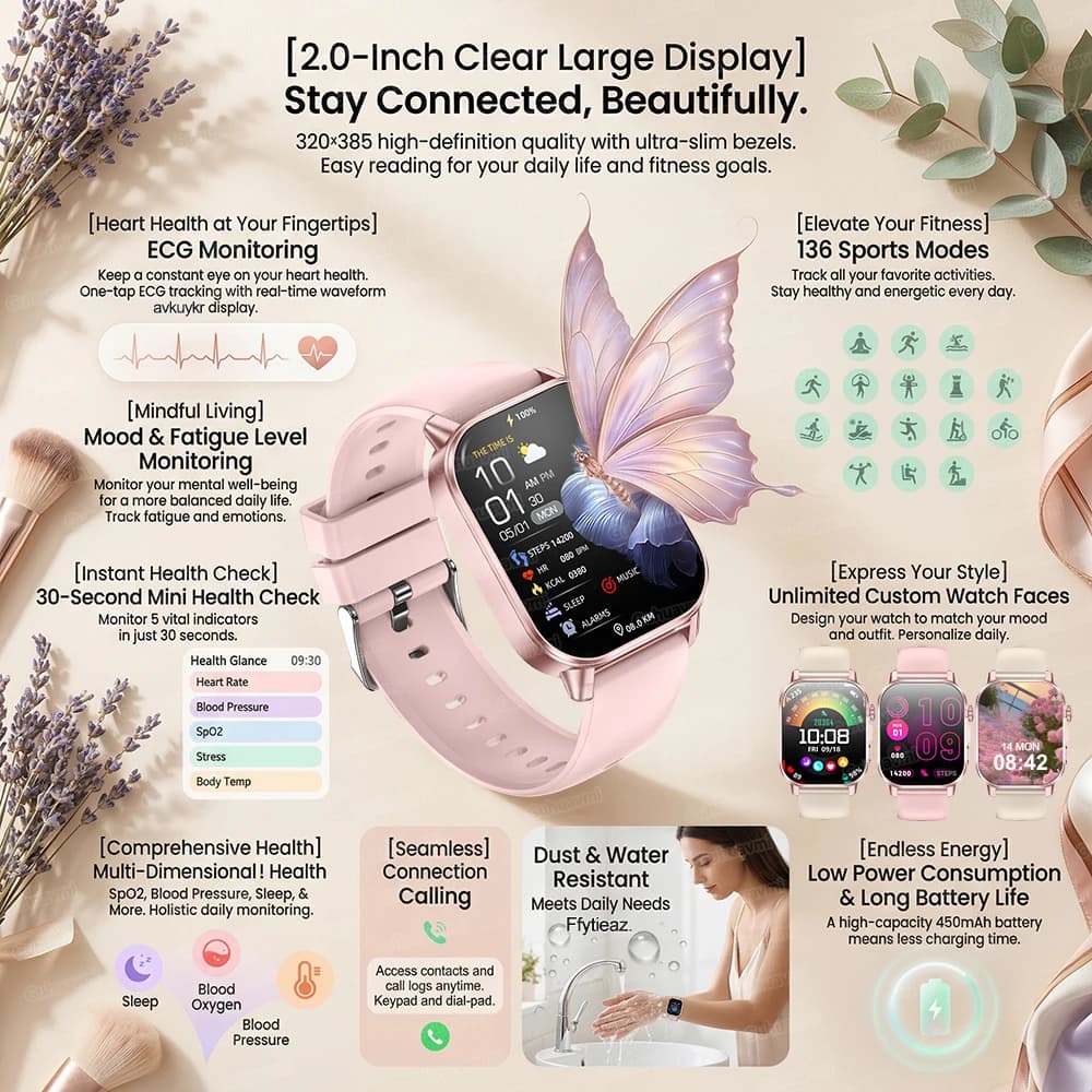 Nuovo Smartwatch per la Salute 2026 da Donna, con Monitoraggio Grasso Corporeo, Acido Urico, Frequenza Cardiaca, Schermo AMOLED da 2.0'', ECG, Esame Fisico e Chiamate BT