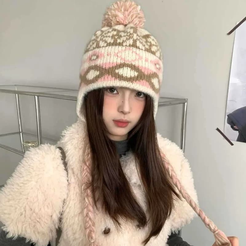 Retro Fair Island Style Jacquard Cute Pom-pom Knitted Women's Hats Winter Travel Warm Versatile Ear Protection Strap Beanies