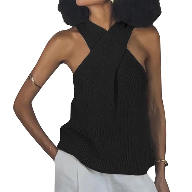 ABRT-Camisiera estiva casual da donna con colletto incrociato e colletto incrociato, top senza maniche in maglia tinta unita