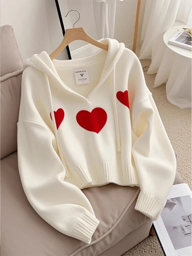 Chic Knitted Hoodie Women's Spring New Style Lazy Style Love Heart White Sweatshirt Korean Style Befitting Top