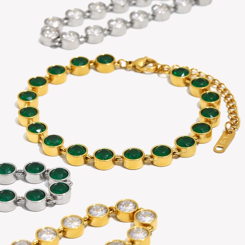 EBbelle Bracciale in acciaio inossidabile lucido rotondo verde/trasparente con zirconi a catena, gioielli da donna placcati in oro 18 carati