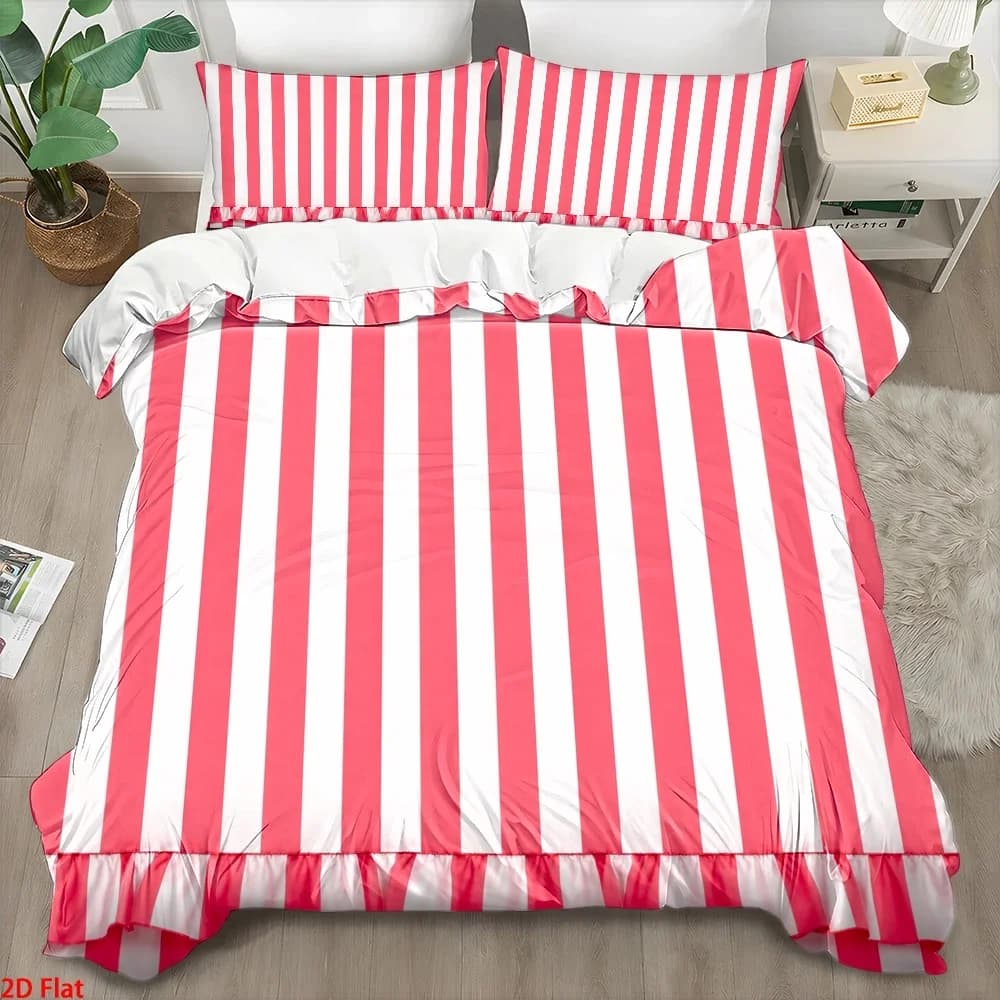 3Pc Pink Striped Lace Duvet Cover Set, Three-Piece Bedding Set (1*Duvet Cover + 2*Pillowcases), Suitable for All Seasons, Machine Washable, Invisible Zipper Design, Large Double Bed Cover Set, Suitable for Home, Dormitory, Master Bedroom, Guest Room, Simple and Fresh Bedding Set, Hot-Selling Skin-Friendly Bedding Set, Easy-Care Comfortable Sleeping Bedding Set, Ins-Style Bedroom Decoration Duvet Cover Set 2D Flat Print