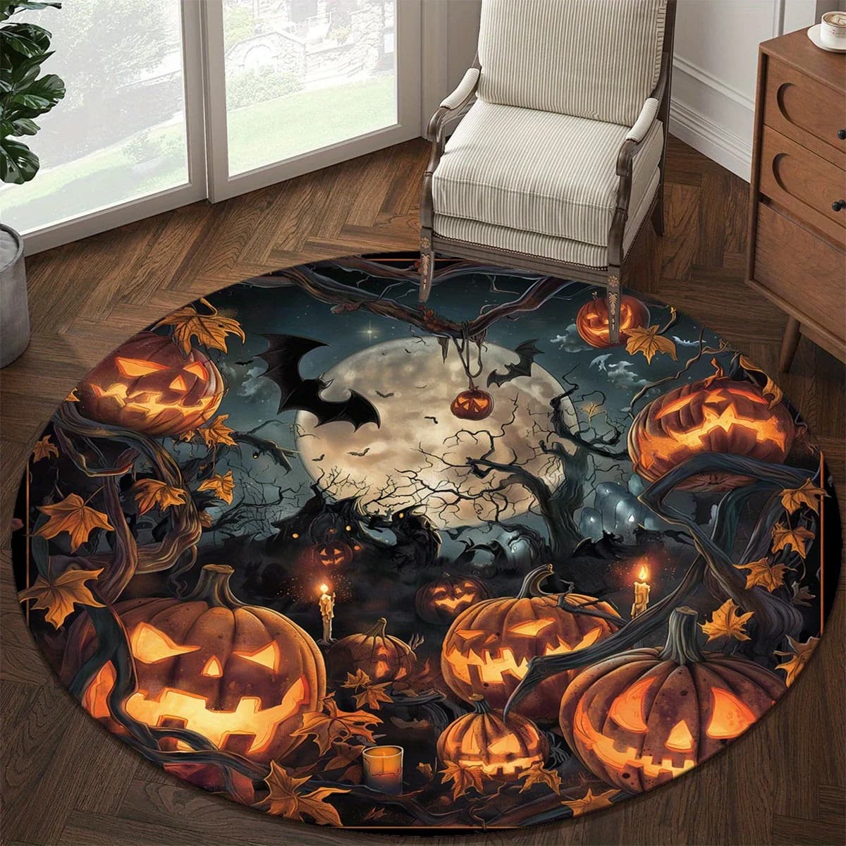 Halloween Pumpkin Round Rug Non Slip Washable Mat For Bedroom Living Room Office Spooky Night Home Decor
