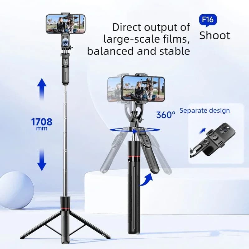 Bastone per selfie F16, anti-vibrazione, treppiede retrattile, strumento portatile Bluetooth per riprese in viaggio, supporto per telefono per live streaming