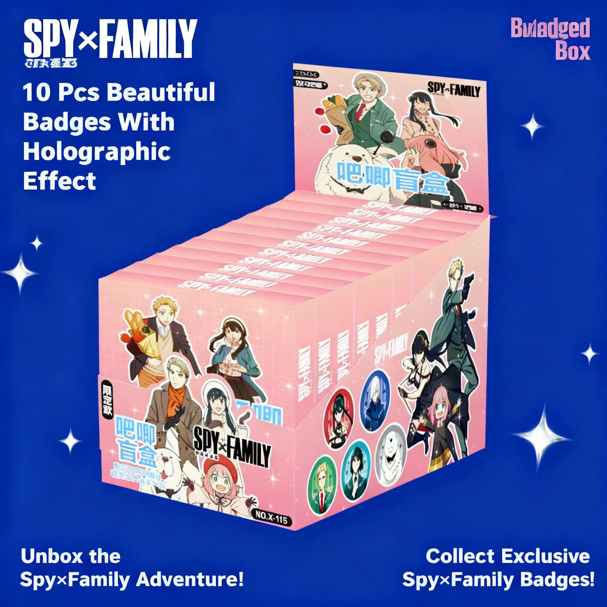 Spy X Family Nuova Collezione di Badge Anime, Scatola a Sorpresa con Carte Personaggio Carine, Ornamento Decorativo, Accessorio per Bambini, Studenti e Cosplay