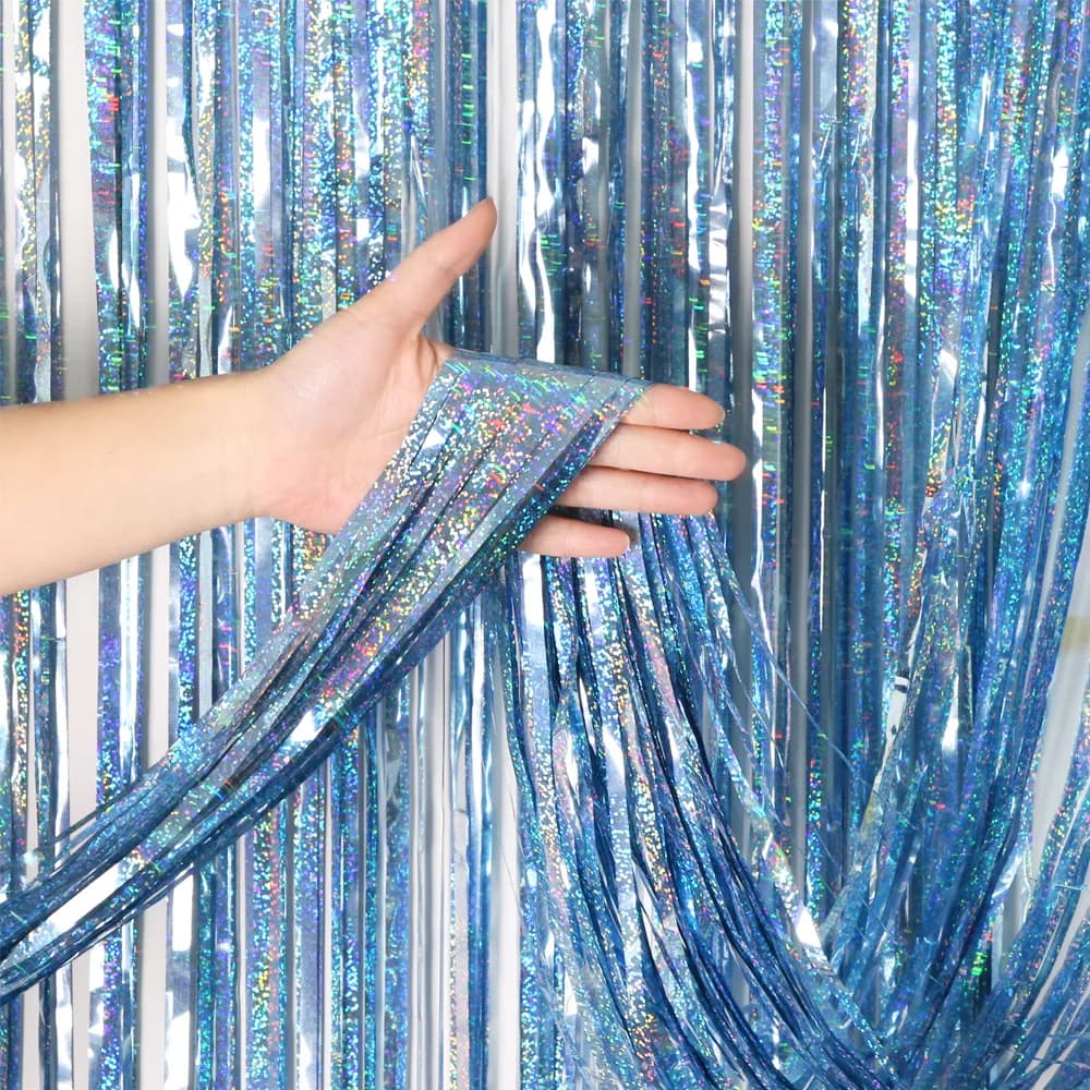 Blue 2M * 1M Laser Tinsel Foil Curtain Frozen Party Supplies Birthday Decoration Adult Kids Boy Girl Gender Reveal Wedding Decor