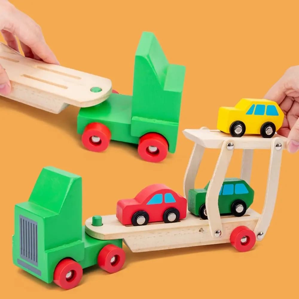 Set di Costruzioni in Legno: Aereo Passeggeri con Rimorchio, Modello di Veicolo a Doppio Strato per l'Apprendimento dei Colori e dei Passeggeri