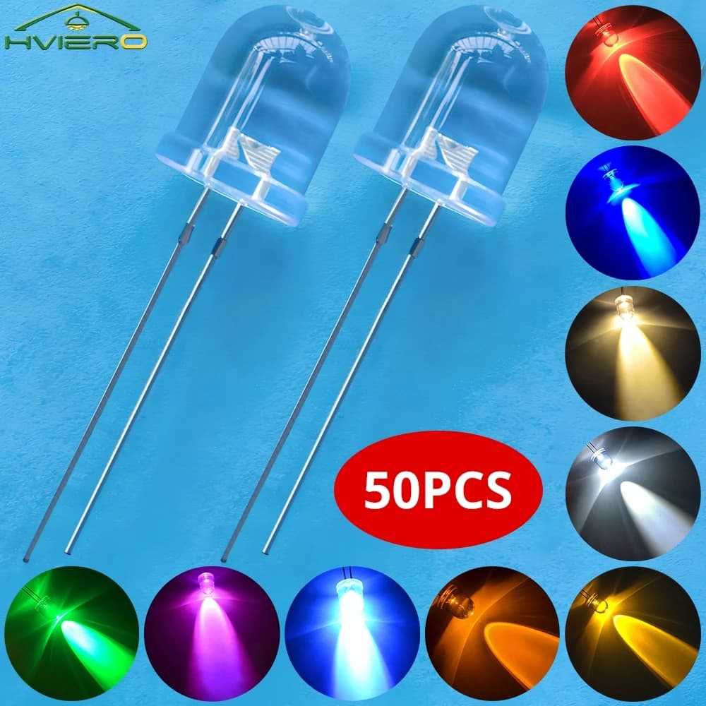 50 Pz 10mm Rotondo Top Super Luminoso Perline Lampada Trasparente Diodo Emettitore LED Bianco Rosso Verde Blu Giallo UV Rosa Arancione Cupola Lampadina