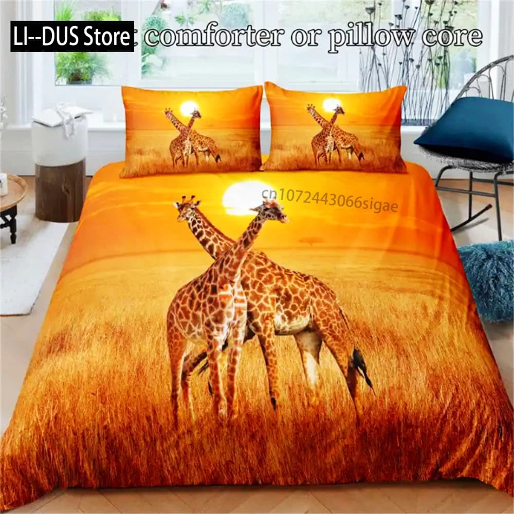 Set copripiumino con stampa giraffa 3D con federe, set biancheria da letto in poliestere morbido per tutte le stagioni, arredamento per camera da letto a tema animale con cerniera