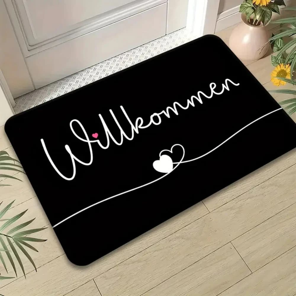 German "Willkommen" & Heart Print Doormat for Front Door Entryway Mudroom & Patio Modern Black Non-slip Floor Rug
