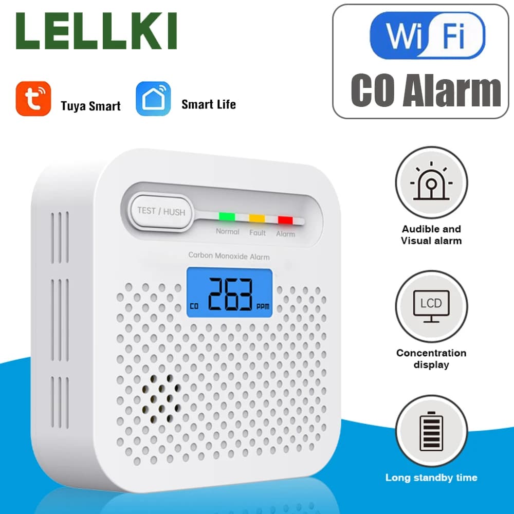 Rilevatore di Monossido di Carbonio WiFi LELLKI, Allarme CO 85dB con Display LCD Digitale, Controllo Remoto e Vocale tramite App Tuya Smart Life