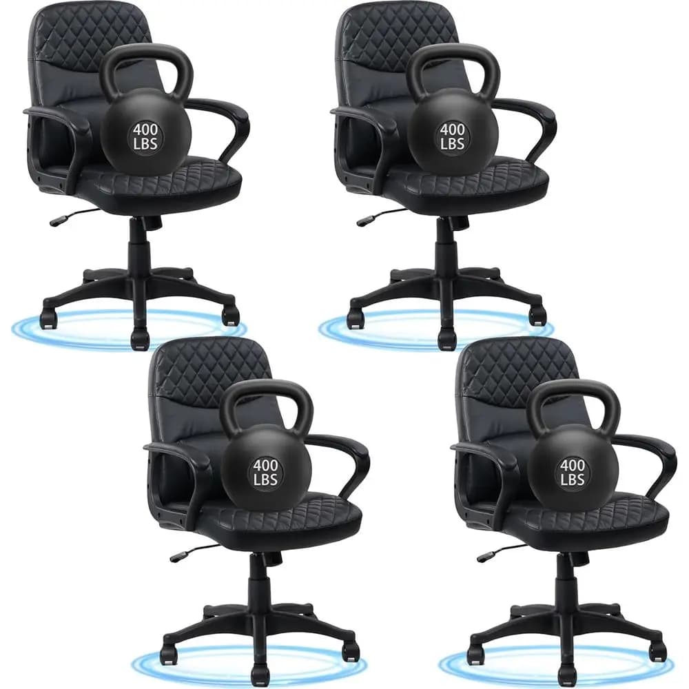 Pack of 4 black swivel office chairs with medium back, adjustable height, armrests and soft cushion for heavy users