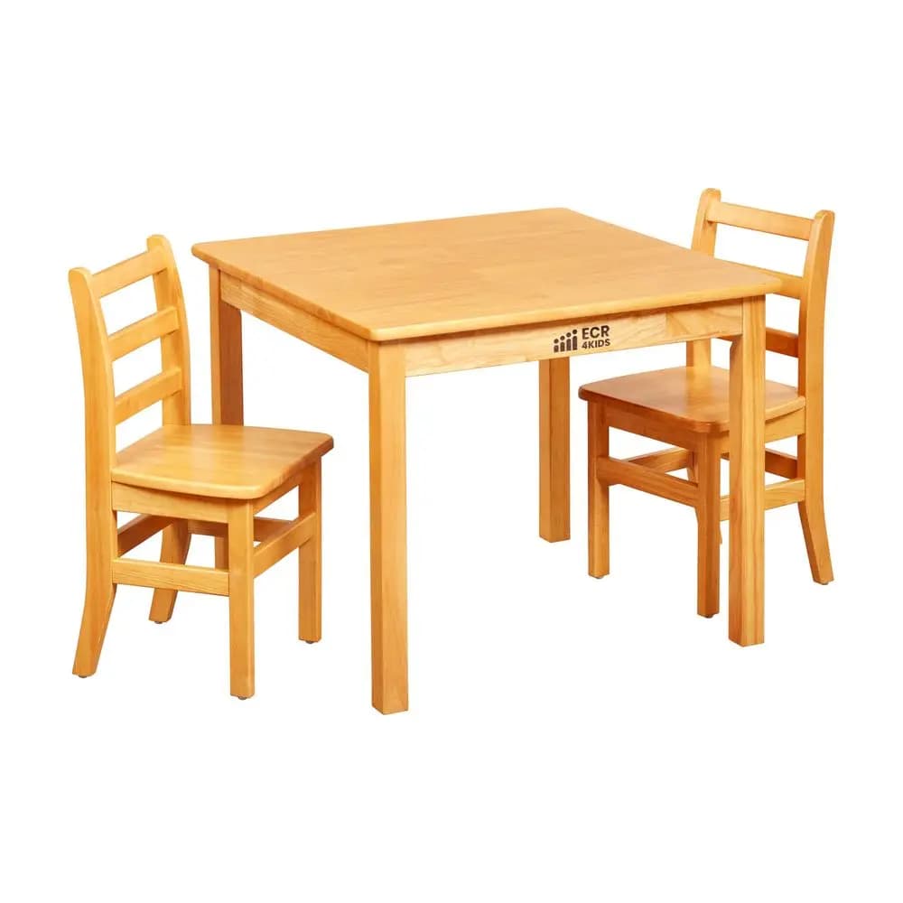 Tavolo quadrato in legno duro da 30 pollici con gambe da 24 pollici e due sedie da 14 pollici, mobili per bambini, miele, 3 pezzi