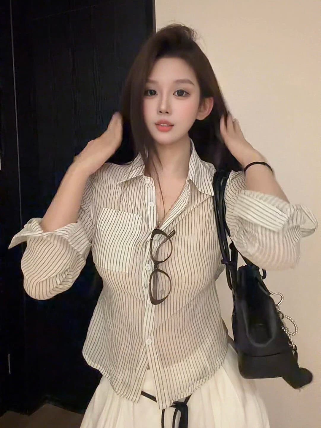 plus Size Slimming Striped Shirt Women's Summer New Style Waist-Cinching Lightweight Sunscreen French Style Button-Up Top