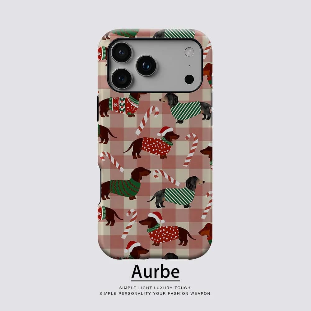 Custodia Aurbe Matte 2-in-1 con Pellicola e Supporto MagSafe per iPhone 17 16 15 14 Plus 17 Pro Max, Antiurto, Rigida, con Design Natalizio Bassotto
