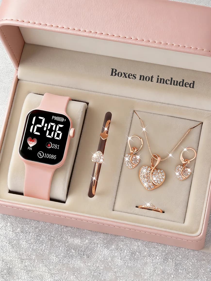 Orologio elettronico quadrato e set di gioielli a forma di cuore Batteria non ricaricabile Orologio non smartwatch Regalo di compleanno Senza scatola