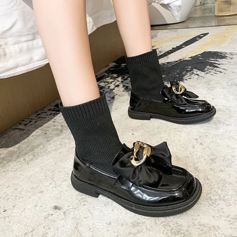 Women's slim fit black socks spring fall 2025 Boot boots style moccasin with knitted bow