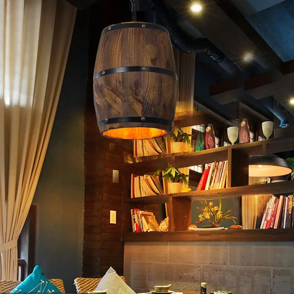 Lampada da soffitto vintage a botte di vino sospesa in legno rustico Old West Cafe Bar