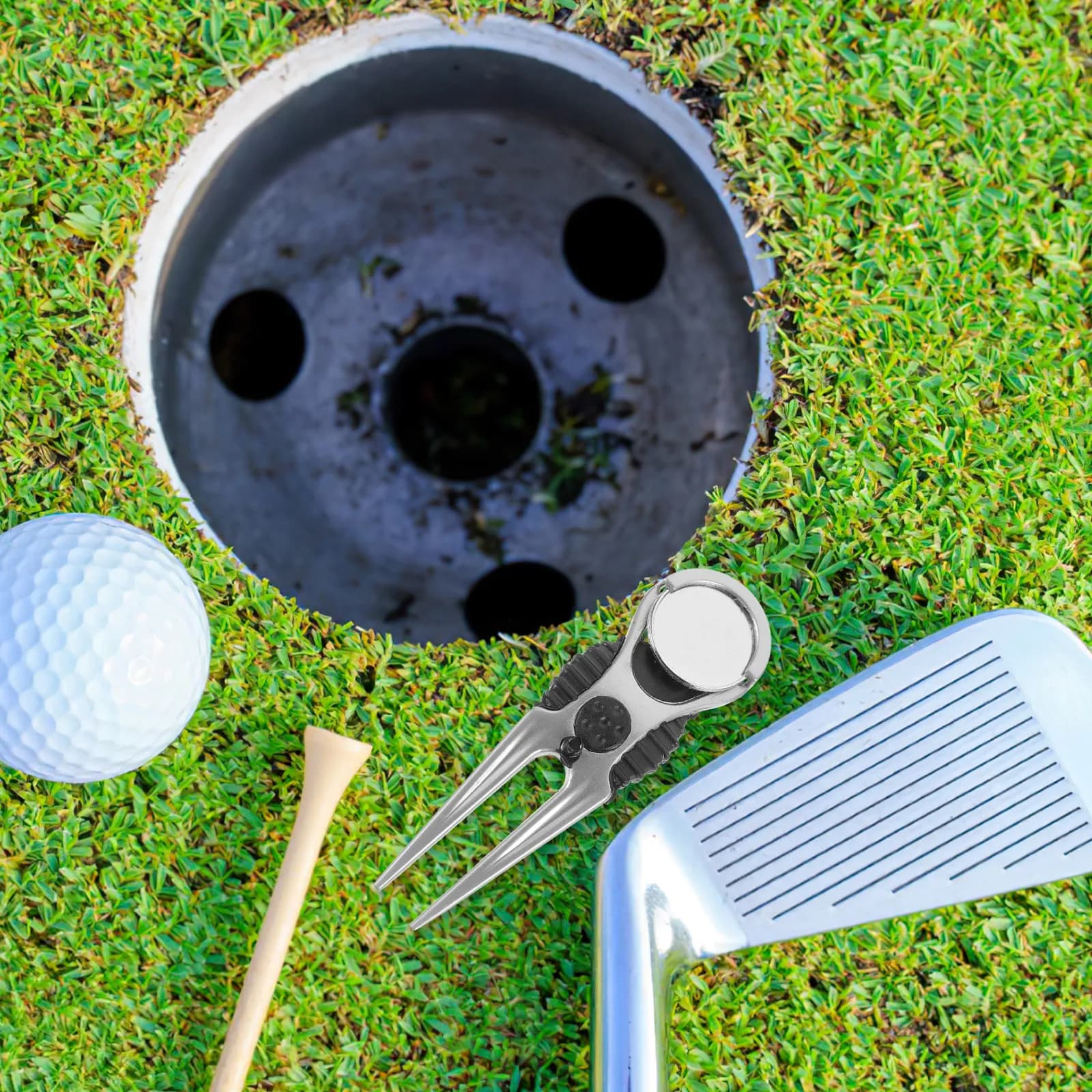 Golf Divot Repair Tool 2 Piece Set with Ball Marker Ergonomic Palm Fit Heavy Duty Green Fork Outdoor