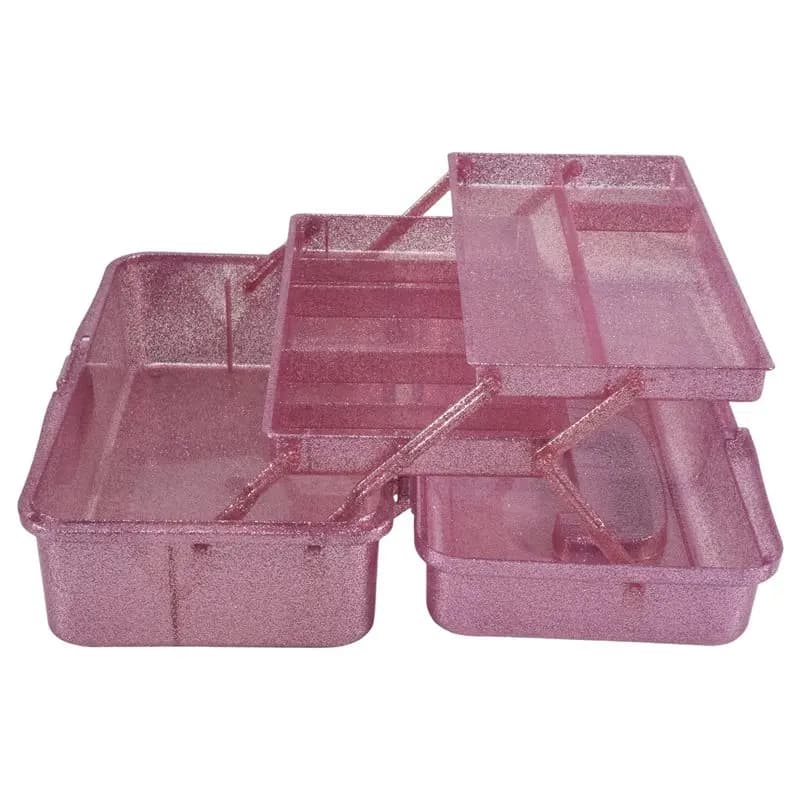ABRE-Glitter Pink & Craft Tool Storage Box, 3 Layer Stackable Storage Box, Sewing and Art Organizer
