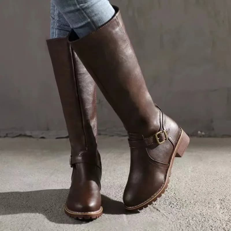 2025 Nuovi uomini e donne Punta rotonda Stivali con tacco spesso Stivali da cavaliere Stivali alti sopra il ginocchio Fibbia Fondo spesso Scarpe Cosplay