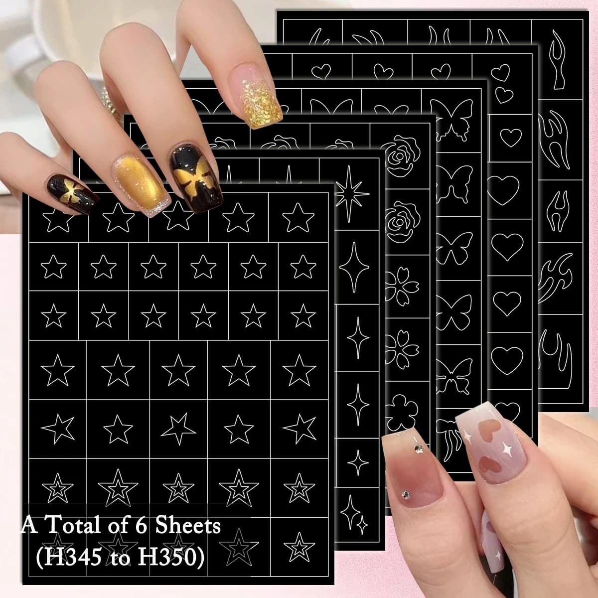 3-24 Fogli di Adesivi Stencil per Nail Art in Bianco e Nero, Design con Stelle, Cuori, Farfalle, Fiamme e Linee, Modelli per Nail Art ad Aerografo