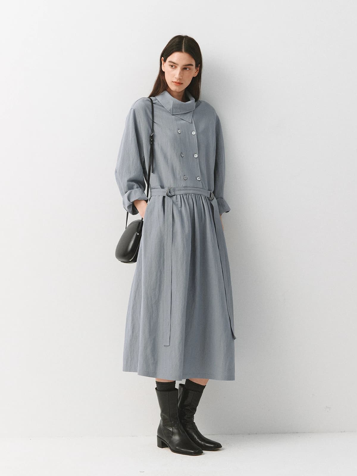 Adjustable Double Fold Lapel Asymmetrical Collar Slimming Windbreaker Style Dress Women's Ethnic Style Soft Cotton Long Sleeve