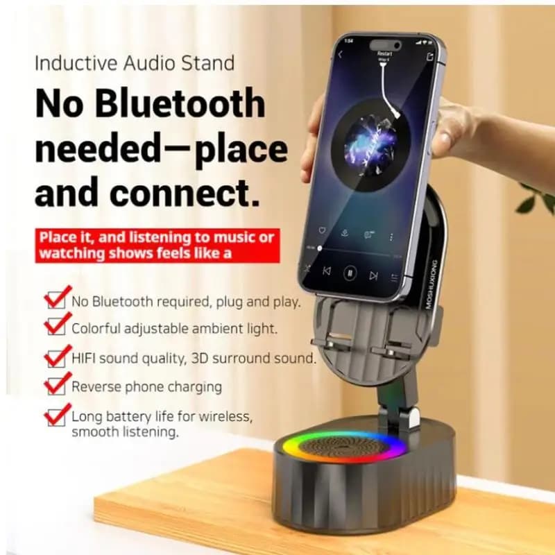 Altoparlante Bluetooth a induzione con supporto per telefono 6 in 1, supporto per telefono a 360° ° Base di Supporto con Power Bank da 3000mAh