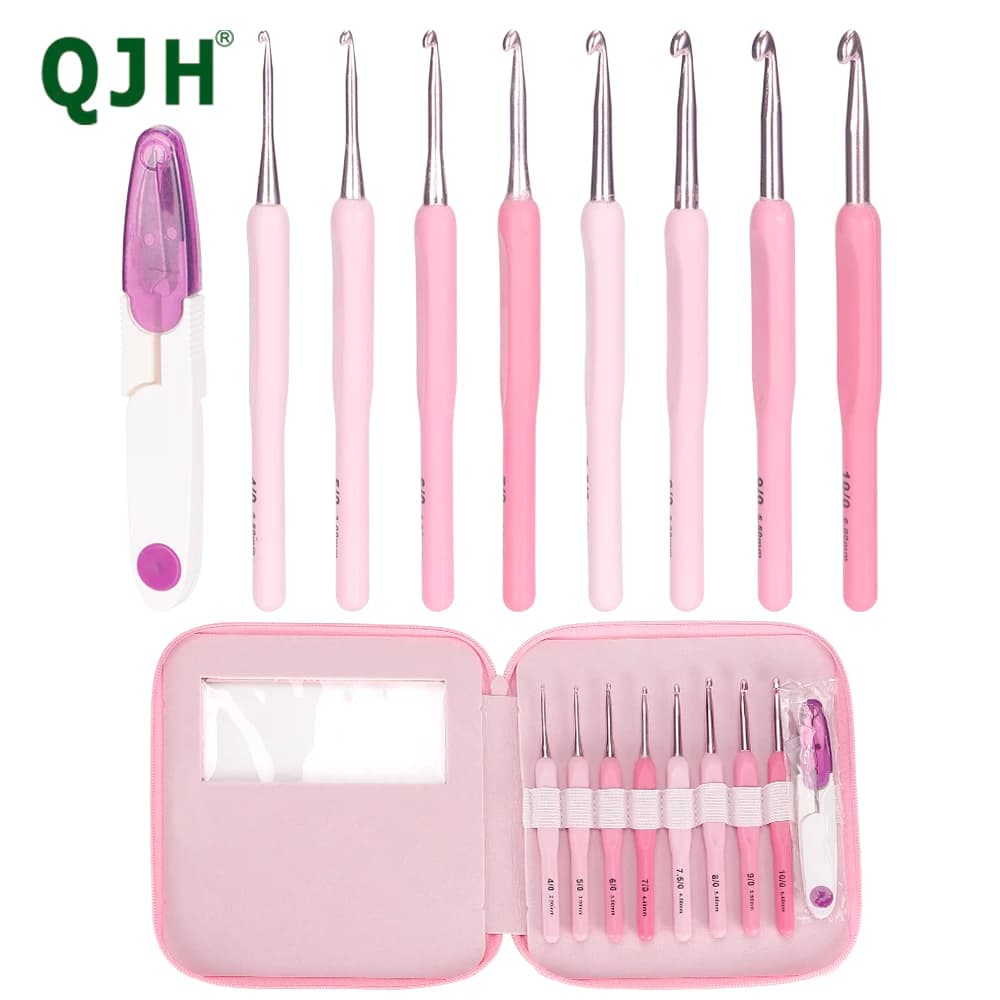 QJH Set all'uncinetto - 10 pezzi, uncinetti ergonomici con protezioni, adatto per mani artrite, con custodia e forbici