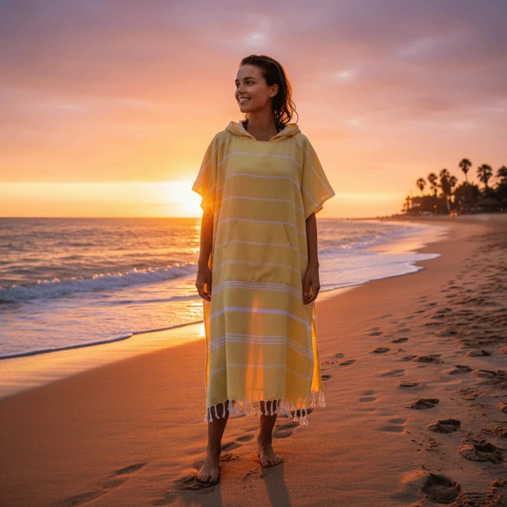 Poncho da Spiaggia con Cappuccio Anti-Sabbia, Morbido Cotone, a Righe, per Surf e Viaggi