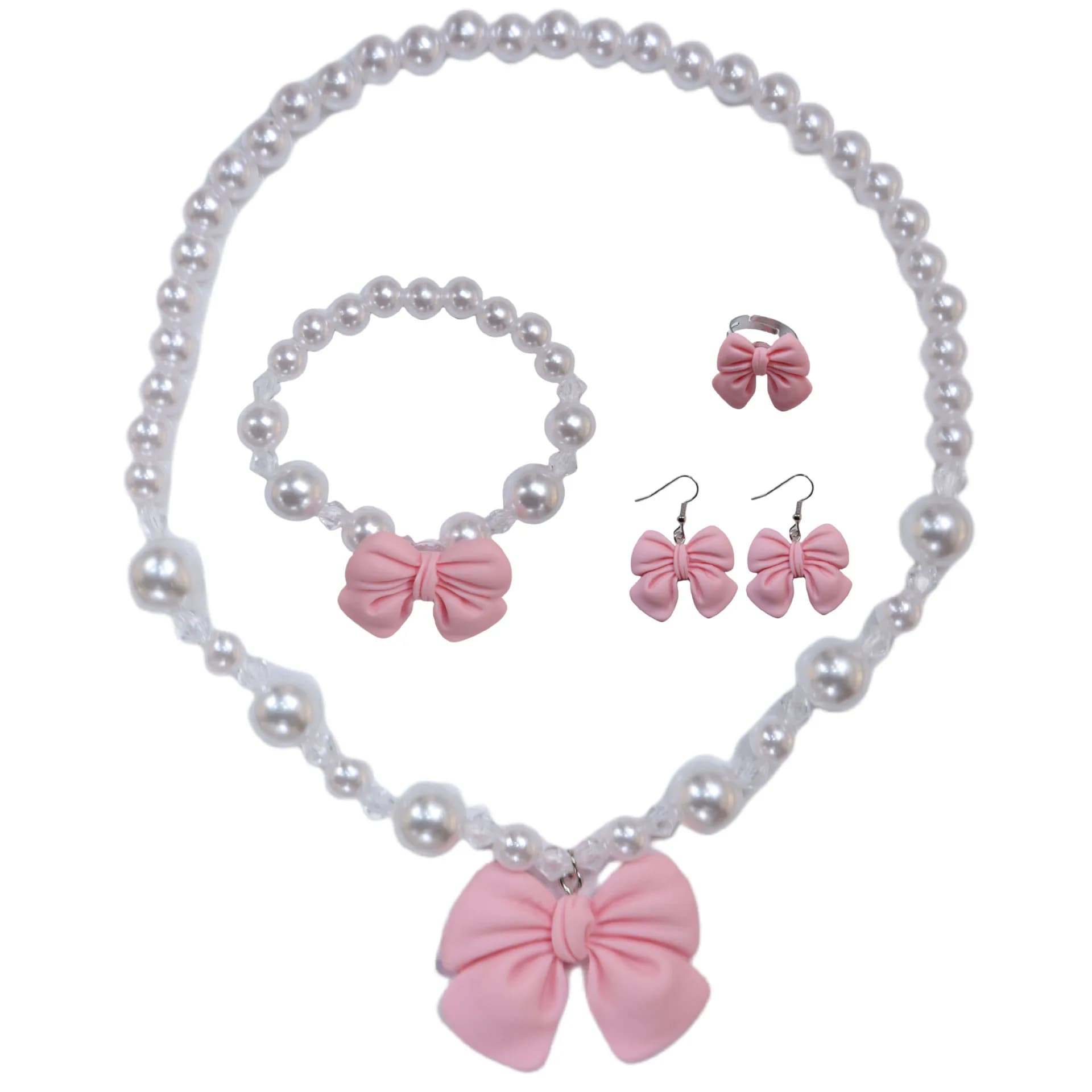 Little Girls Dress-Up Jewelry Set, 4pcs Heart/Sakura/Bow Pearl Beaded Necklace+Bracelet+Ring+Earrings, Pretend Play Accessories