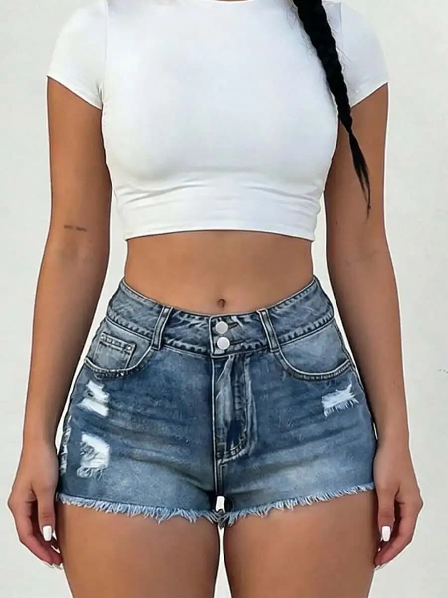 Mid-Rise Womens Denim Shorts With Double Button Zipper Placket Distressed Frayed Hem Classic Wash Utility Pockets
