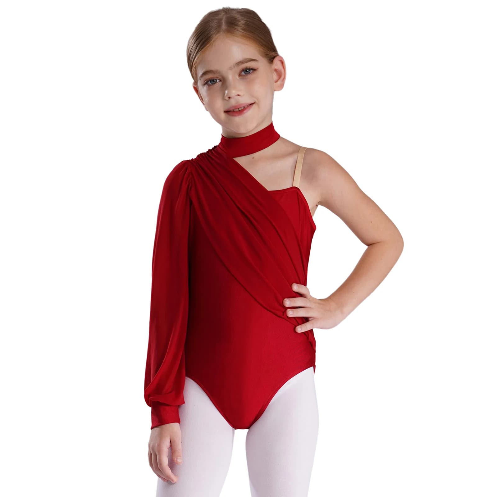 Completo da ballo per pattinaggio su ghiaccio a maniche lunghe monospalla per bambina con body sovrapposto in rete increspata e pantaloncini per la ginnastica classica