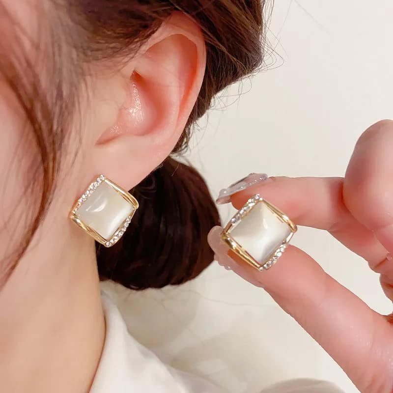 Orecchini a clip con pietra quadrata opale occhi di gatto per le donne, eleganti e chic, gioielleria raffinata da donna, argento 925, regali per feste da indossare ogni giorno