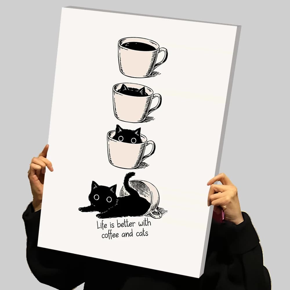 Coffee and Cats Funny Prints Poster Custom Canvas Painting Wall Art Walls Decoration Living Room Wand Deko Home Decorations Arts