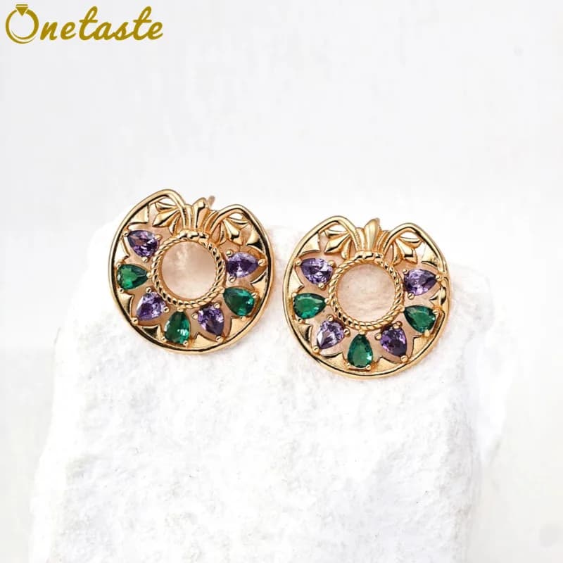 Orecchini a lobo grandi e rotondi in argento S925 placcato oro con zirconi colorati per donna, orecchini vistosi ed eleganti, idea regalo per feste.