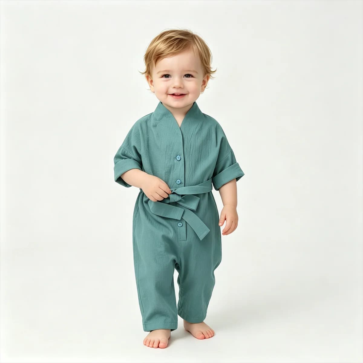 Toddler Kids Solid Cotton Linen Jumpsuit V Neck long Sleeve Belted One Piece Outfit Baby Boys Girls Romper Children Clothing