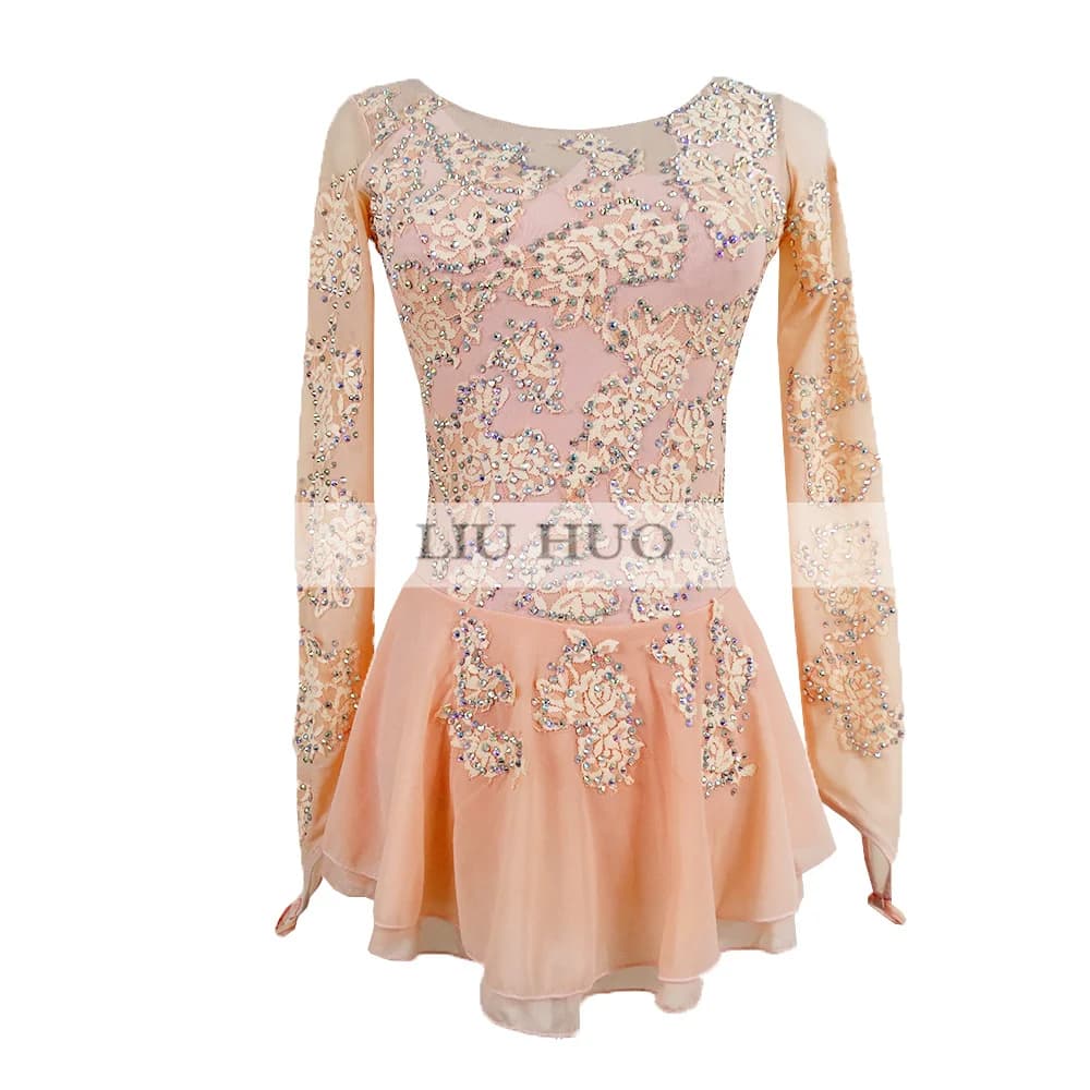 LIUHUO Vestito da Pattinaggio di Figura sul Ghiaccio per Ragazza da Donna Prestazioni da Competizione Rosa Chiaro a Maniche Lunghe Costume da Ballo Gonna Body per Adolescenti