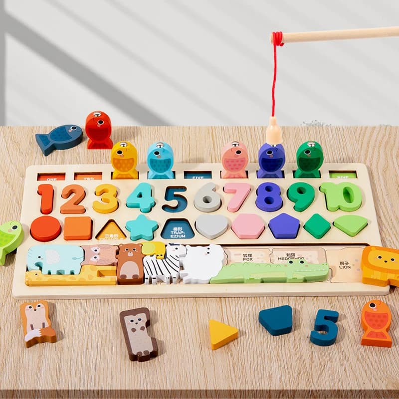 Numeri di animali in legno 4 in 1 Gioco di pesca magnetico Forma digitale Cognizione Blocco corrispondente Giocattoli educativi per bambini in età prescolare