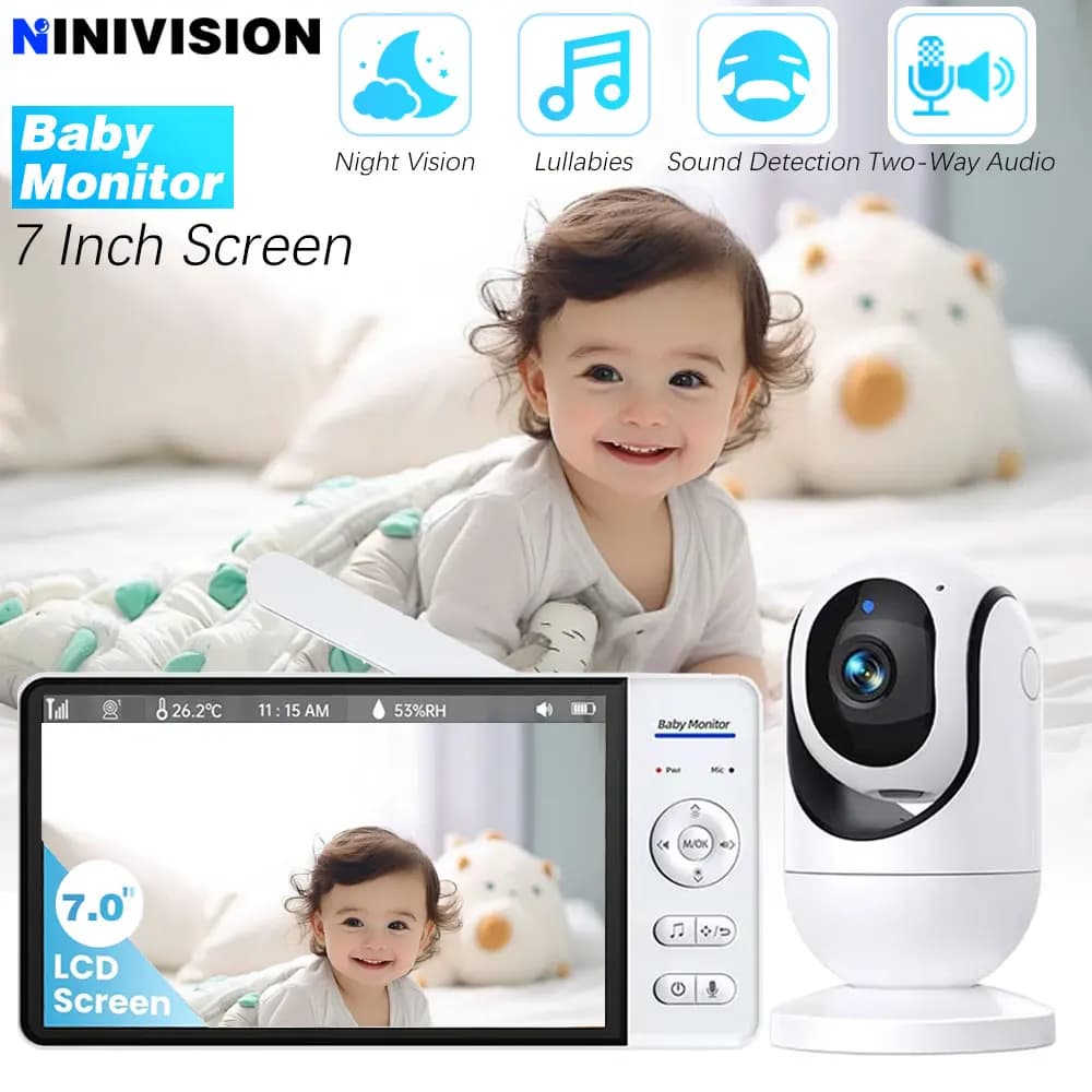 Baby Monitor Schermo da 7,0 pollici Batteria da 5000 mAh Sicurezza domestica intelligente per interni Telecamera con zoom PTZ Video sorveglianza Temperatura Ninne nanne