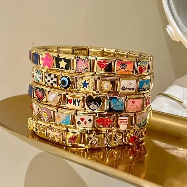 Evil Eye Poker Dream Star Princess Kiss Gold Color Italian Charm Links Fit 9mm Stainless Steel Bracelet Women Jewelry DIY Making