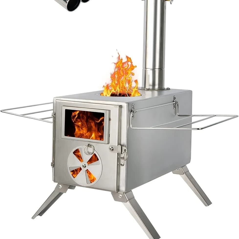 Camping wood stove stainless steel camping tent stove, portable wood burning stove, with chimney pipe and gloves, hot tent stove, camping stove suitable for outdoor cooking and heating, equipped with 6 pipes