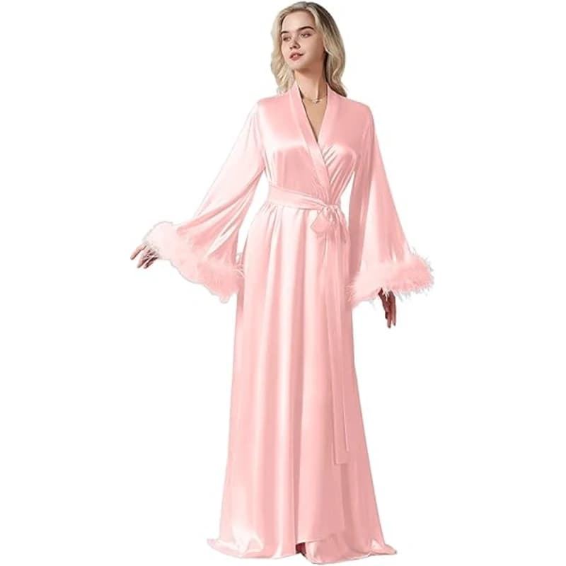 Dress with long sleeves in feathers Sexy Kimono in ice silk Bridal Dress Women's loose night dress Pigiama Casual nightdress