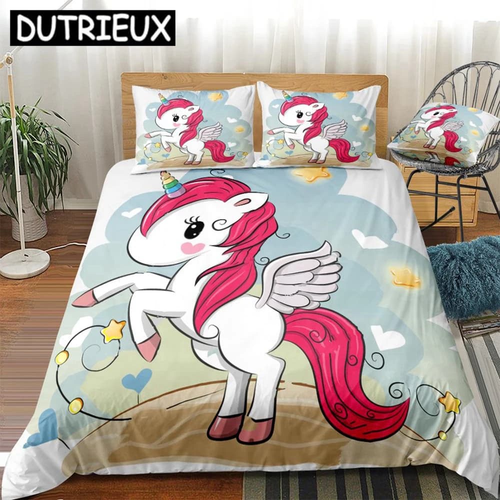 Set duvet cover unicorn Set bed linen animated cardboard Set sun beds pink fabrics for the house Microfiber bed for girls Children Rainbow
