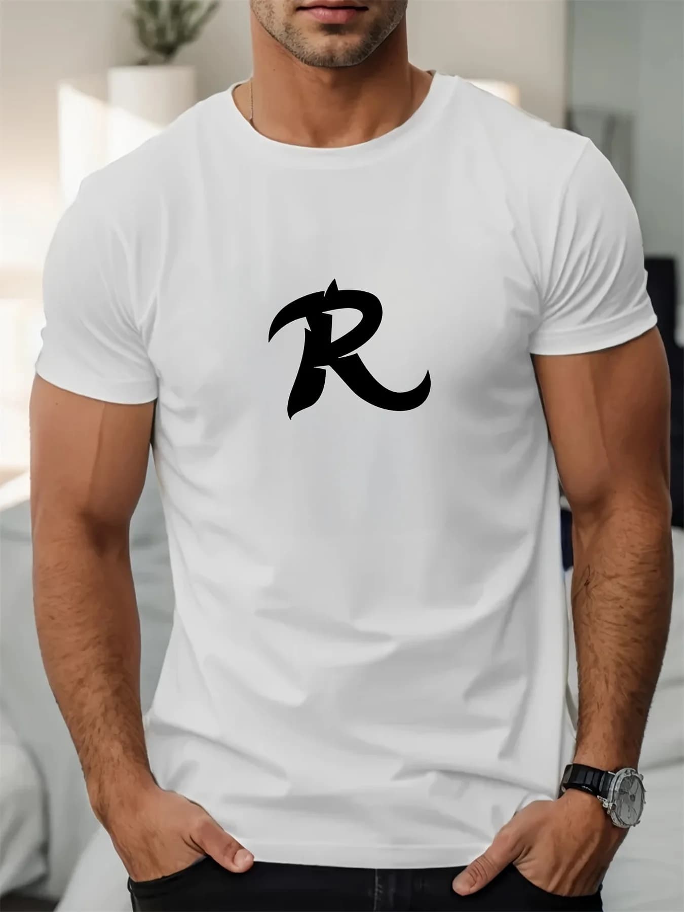 T-shirt da uomo estiva in cotone 100% con stampa modello R, casual, sportiva, con scollo rotondo, manica corta, versatile