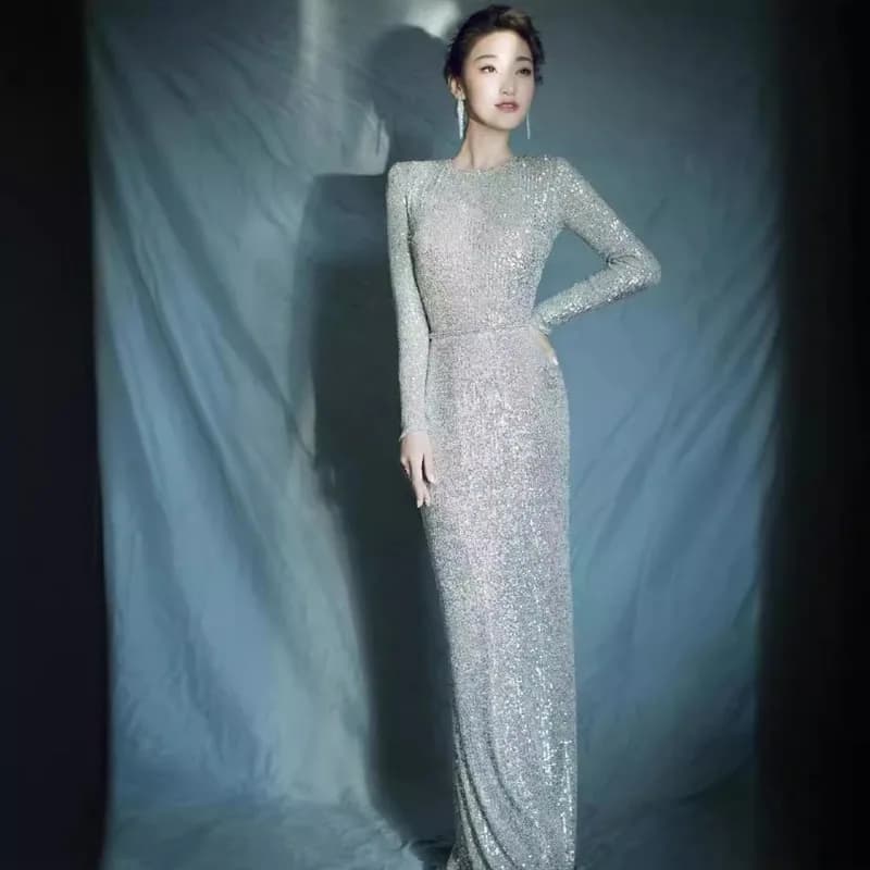 Abito Formale Personalizzato a Coda di Pesce, Lungo e Aderente, con Collo Rotondo e Maniche Lunghe, Decorato con Paillettes, Elegante Vestito da Sera per Donne