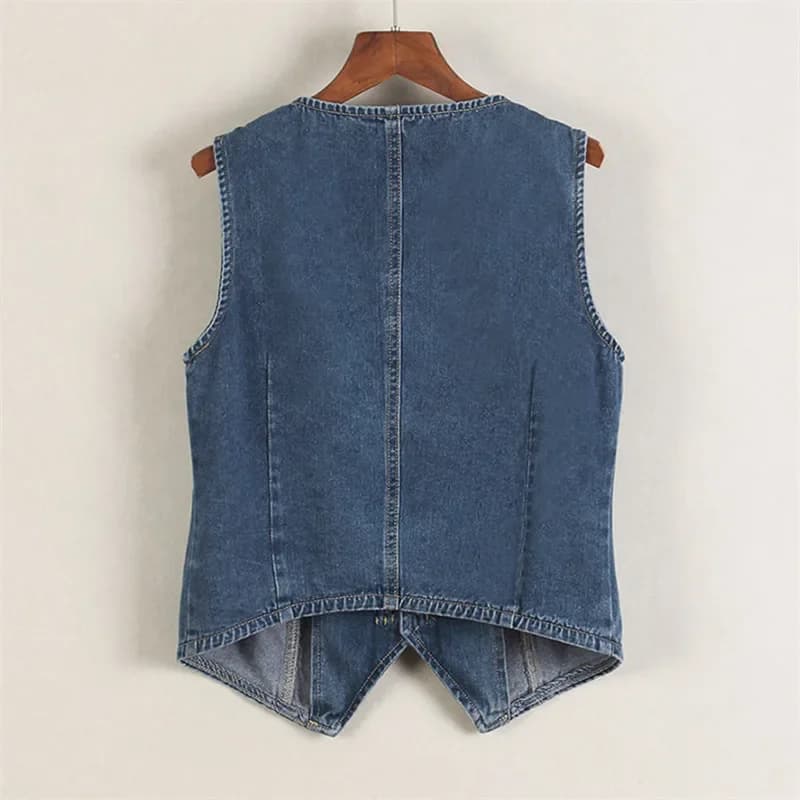 Korean Dark Blue Slim Short Denim Vest Women Spring Summer V-Neck Single-Breasted Sleeveless Cowboy Waistcoat Female Jacket